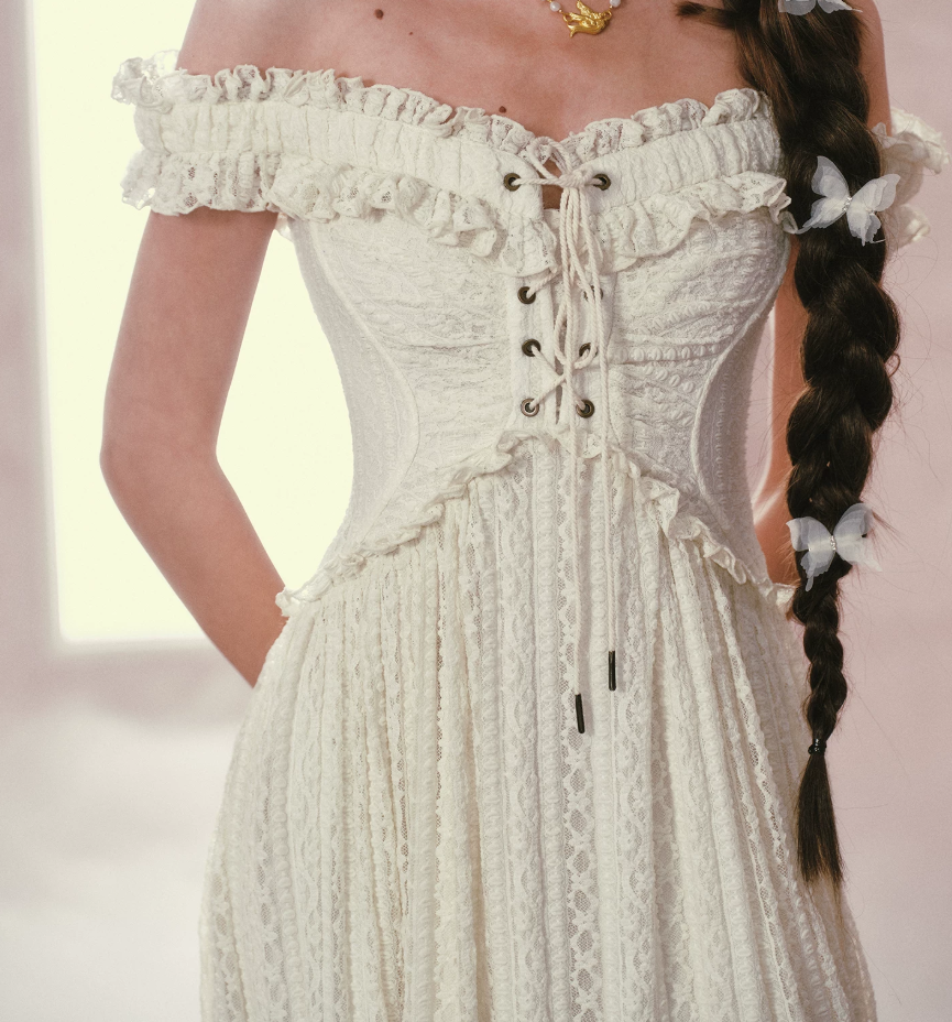 Charming Square Neck Ivory Prom Dress Ruffles Bodice Lace A-Line Evening Dress C8500