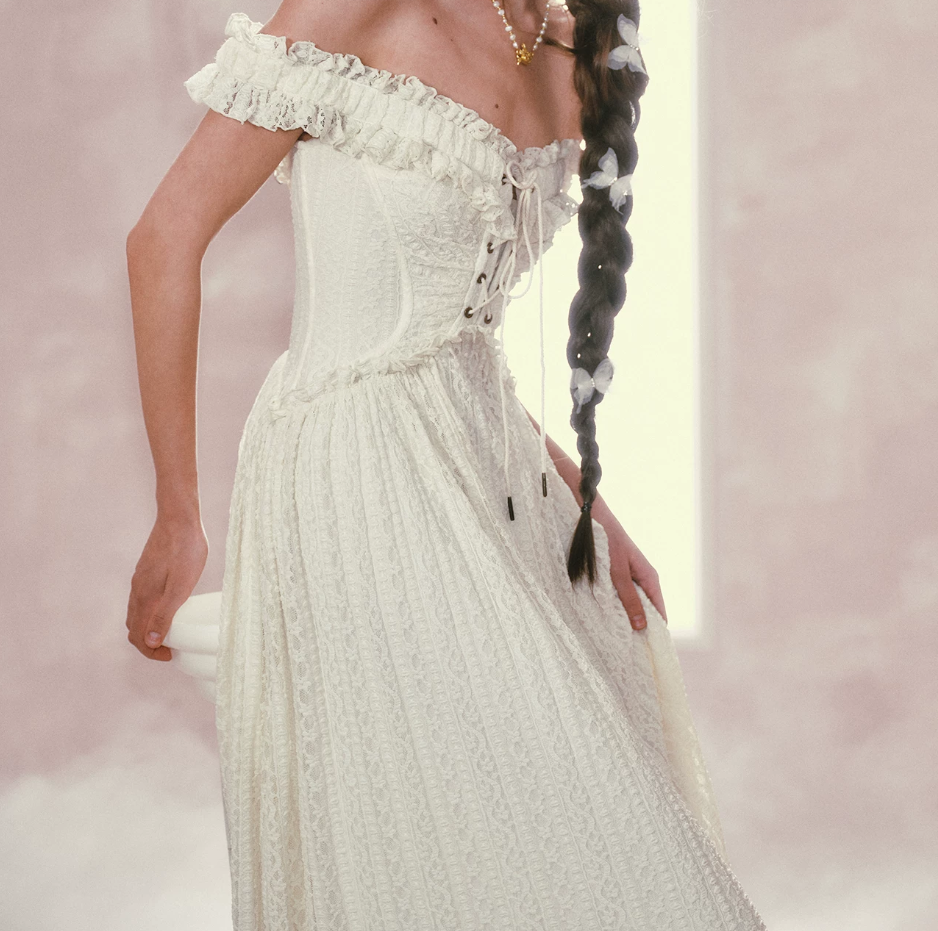Charming Square Neck Ivory Prom Dress Ruffles Bodice Lace A-Line Evening Dress C8500