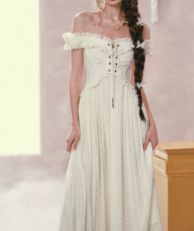 Charming Square Neck Ivory Prom Dress Ruffles Bodice Lace A-Line Evening Dress C8500