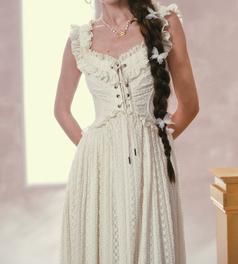 Charming Square Neck Ivory Prom Dress Ruffles Bodice Lace A-Line Evening Dress C8500
