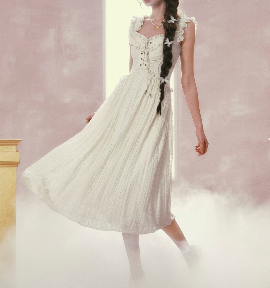 Charming Square Neck Ivory Prom Dress Ruffles Bodice Lace A-Line Evening Dress C8500