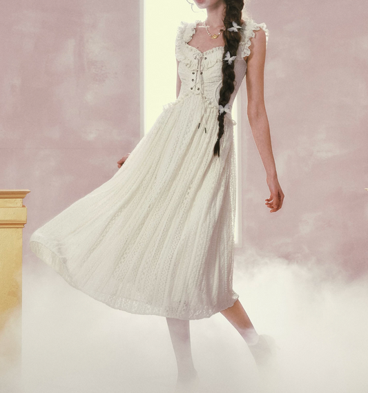 Charming Square Neck Ivory Prom Dress Ruffles Bodice Lace A-Line Evening Dress C8500