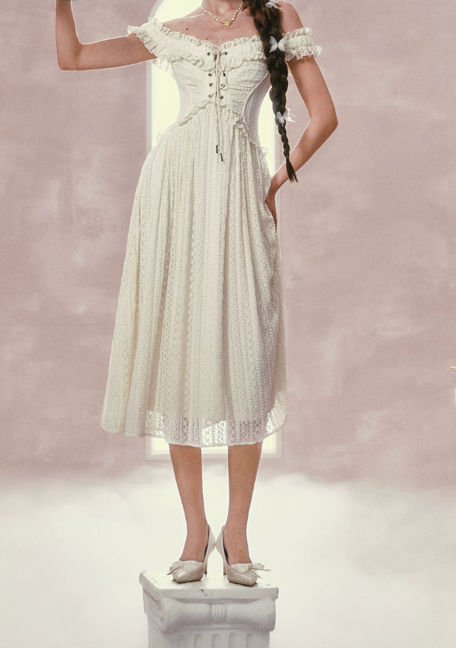 Charming Square Neck Ivory Prom Dress Ruffles Bodice Lace A-Line Evening Dress C8500