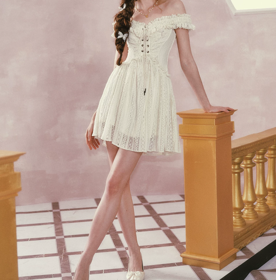 Elegant Off-the-Shoulder Ivory Homecoming Dress Lace Ruffles A-Line Birthday Dress C8501