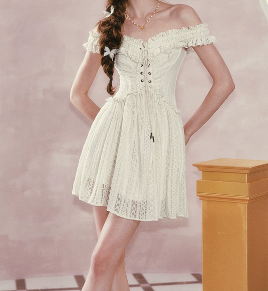 Elegant Off-the-Shoulder Ivory Homecoming Dress Lace Ruffles A-Line Birthday Dress C8501