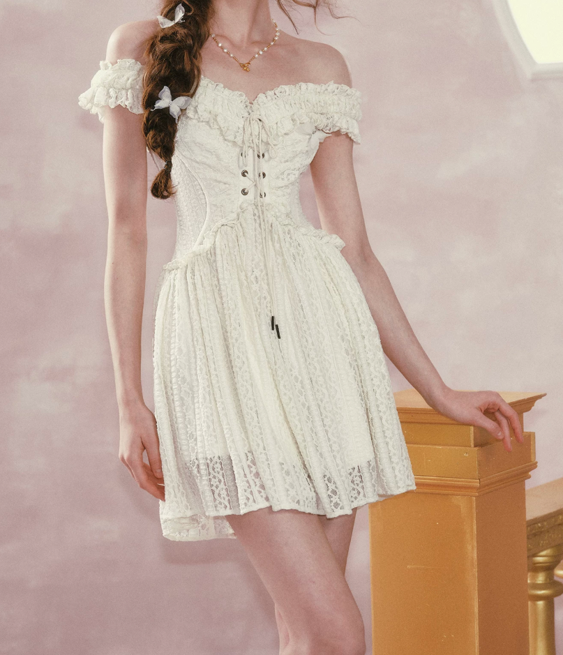 Elegant Off-the-Shoulder Ivory Homecoming Dress Lace Ruffles A-Line Birthday Dress C8501