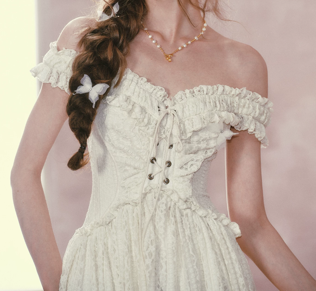 Elegant Off-the-Shoulder Ivory Homecoming Dress Lace Ruffles A-Line Birthday Dress C8501
