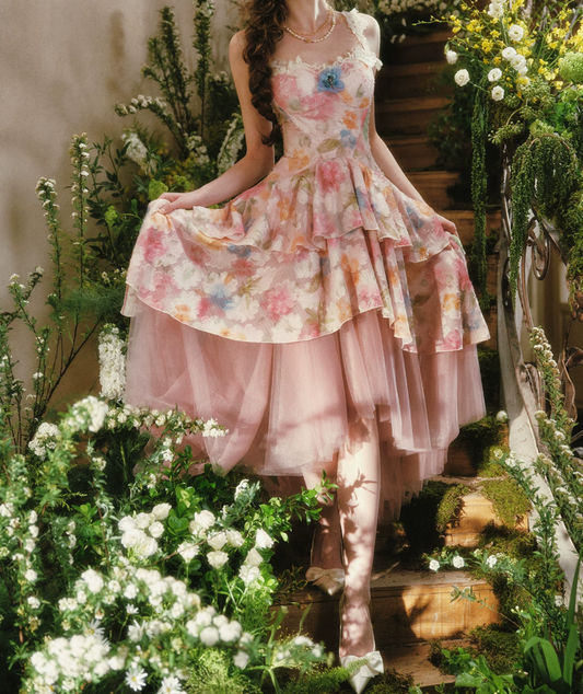 Chic Spaghetti Straps Floral Prom Dress Pink Tulle Tiered A-Line Evening Dress C8503