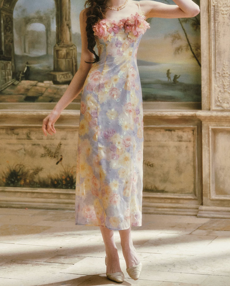 Ornate Spaghetti Straps Floral Prom Dress Appliques Sheath Evening Dress C8504