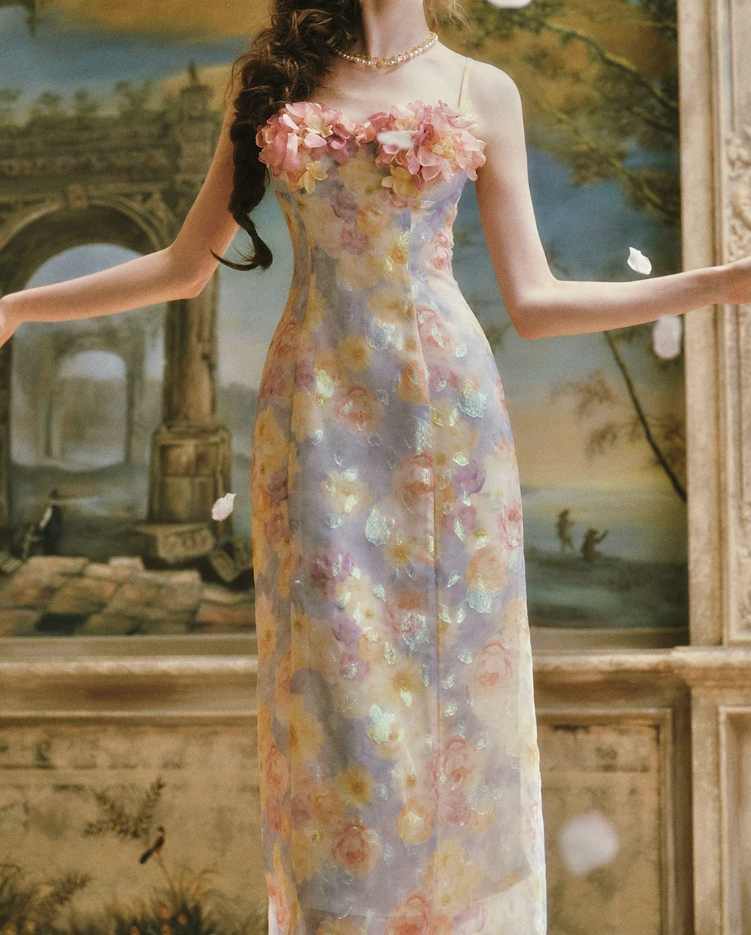 Ornate Spaghetti Straps Floral Prom Dress Appliques Sheath Evening Dress C8504