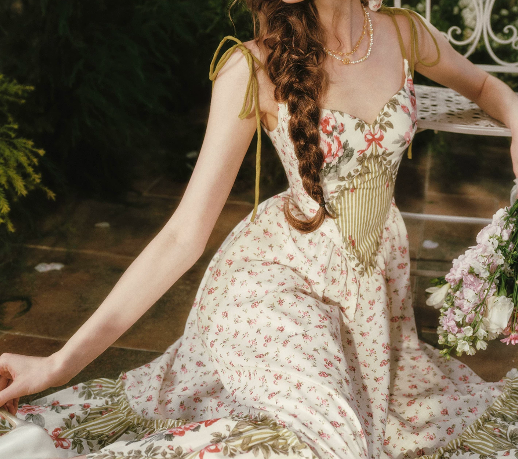 Sleek Spaghetti Straps Floral Prom Dress Ruffles A-Line Evening Dress C8506