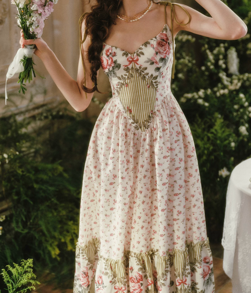 Sleek Spaghetti Straps Floral Prom Dress Ruffles A-Line Evening Dress C8506
