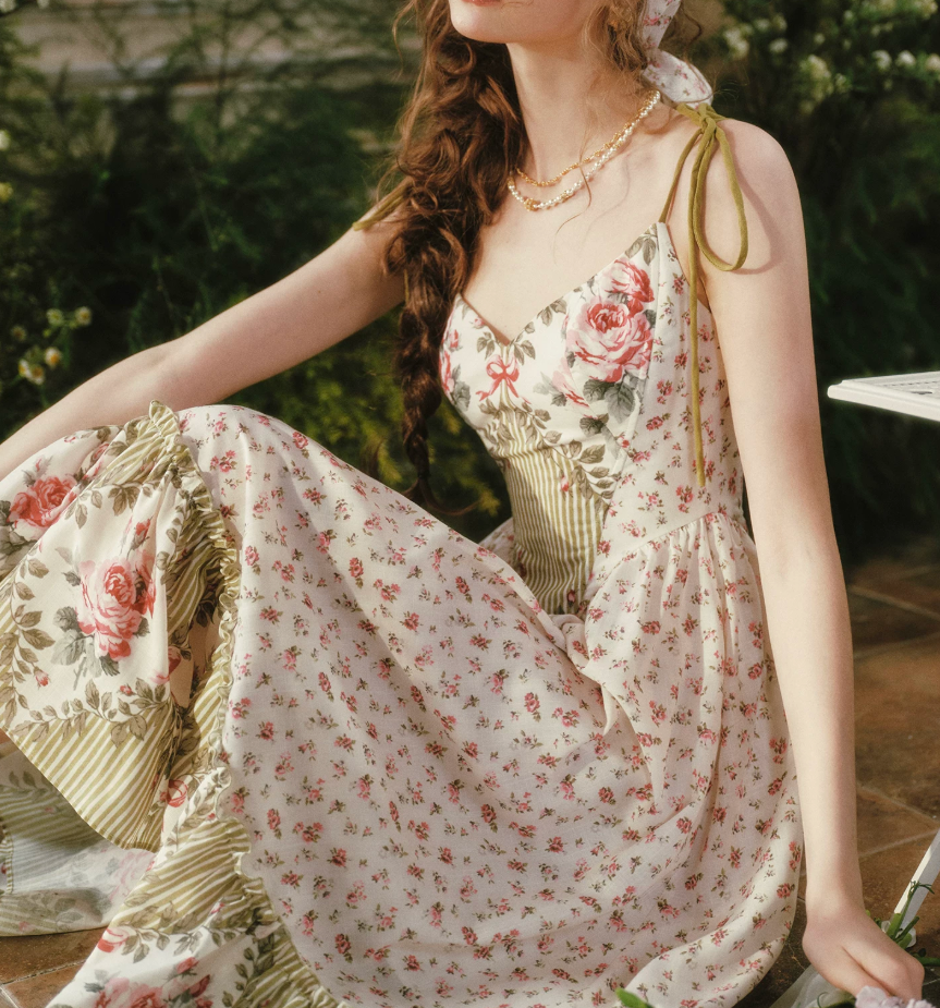 Sleek Spaghetti Straps Floral Prom Dress Ruffles A-Line Evening Dress C8506