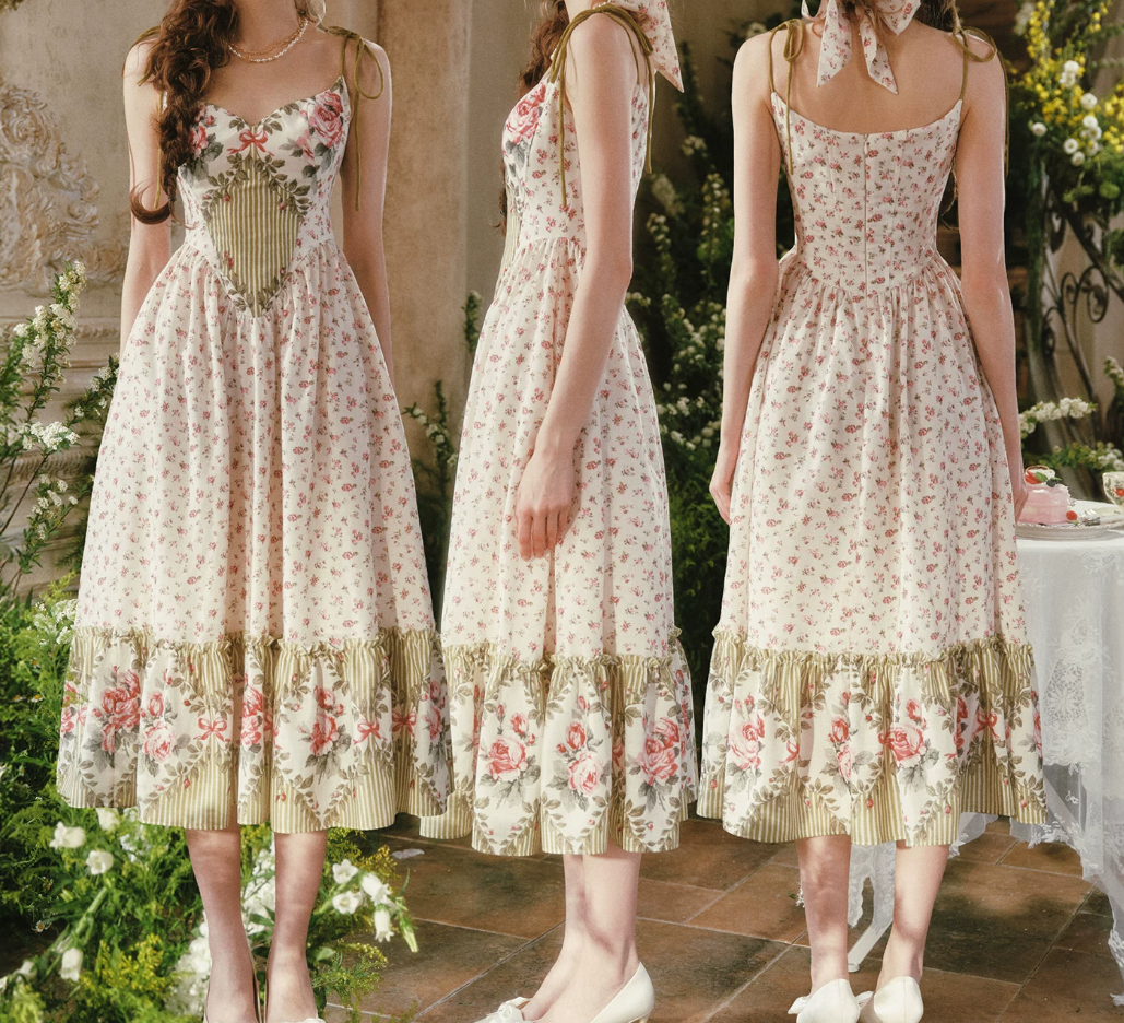 Sleek Spaghetti Straps Floral Prom Dress Ruffles A-Line Evening Dress C8506