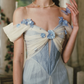 Trendy Off-the-Shoulder White & Blue Prom Dress Appliques Tulle A-Line Evening Dress C8508