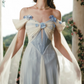 Trendy Off-the-Shoulder White & Blue Prom Dress Appliques Tulle A-Line Evening Dress C8508