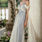 Trendy Off-the-Shoulder White & Blue Prom Dress Appliques Tulle A-Line Evening Dress C8508
