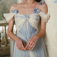 Trendy Off-the-Shoulder White & Blue Prom Dress Appliques Tulle A-Line Evening Dress C8508