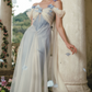 Trendy Off-the-Shoulder White & Blue Prom Dress Appliques Tulle A-Line Evening Dress C8508
