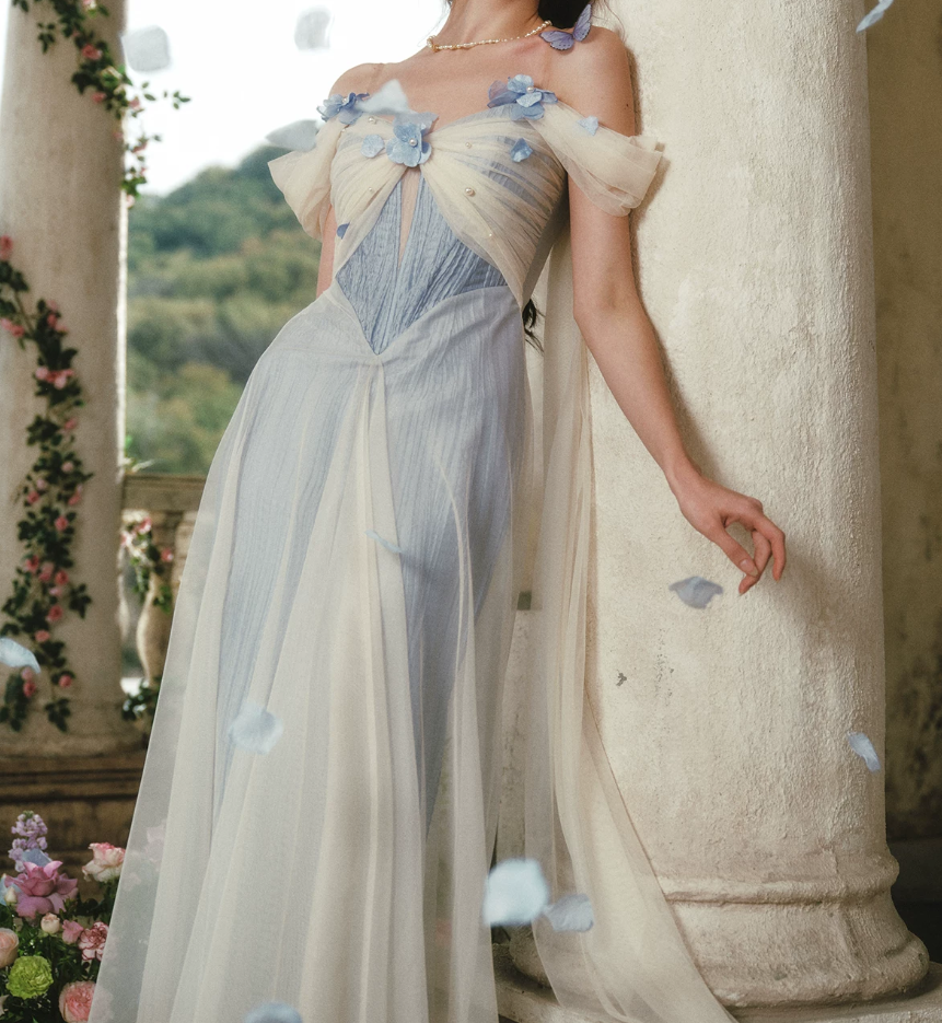 Trendy Off-the-Shoulder White & Blue Prom Dress Appliques Tulle A-Line Evening Dress C8508