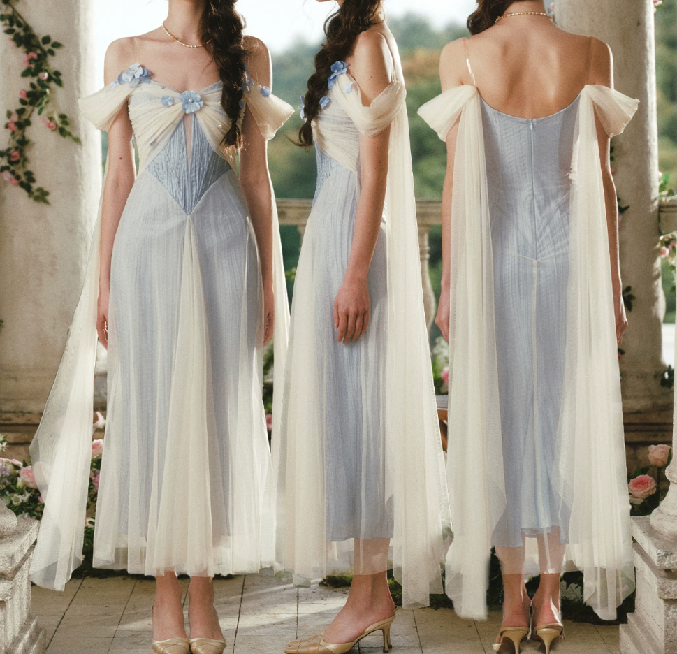 Trendy Off-the-Shoulder White & Blue Prom Dress Appliques Tulle A-Line Evening Dress C8508