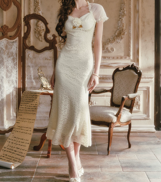 Graceful Short Sleeve Ivory Prom Dress Lace Ruffles Mermaid Evening Dress C8509