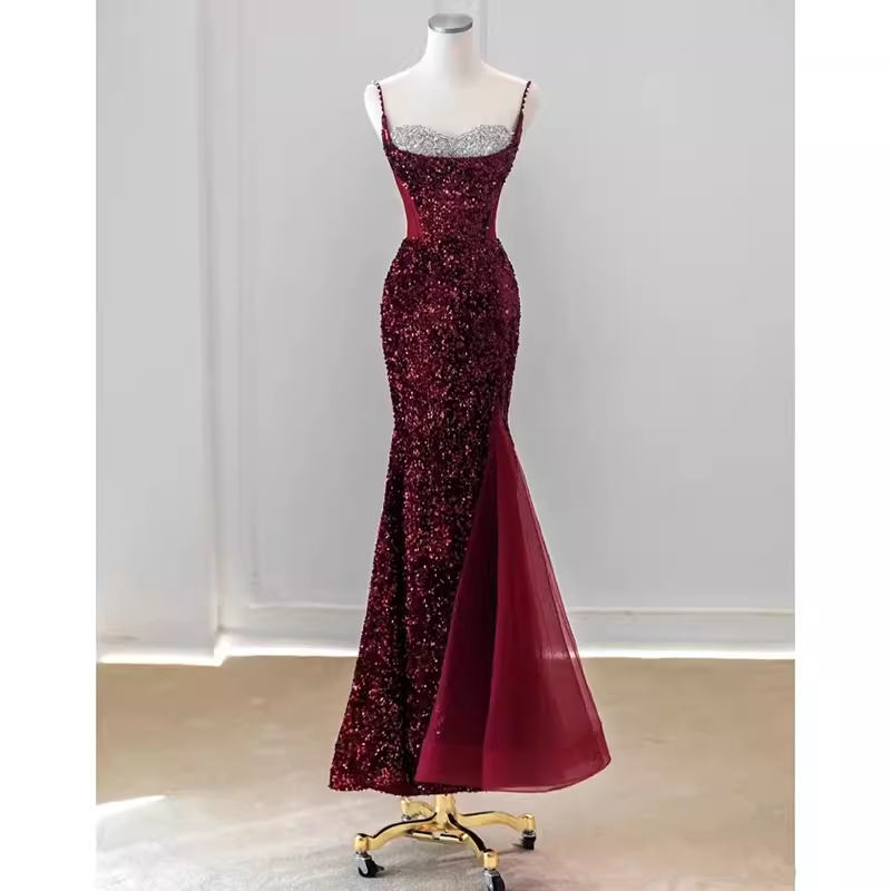Sexy Mermaid Spaghetti Straps Sequin Burgundy Long Prom Dresses C850