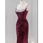 Sexy Mermaid Spaghetti Straps Sequin Burgundy Long Prom Dresses C850