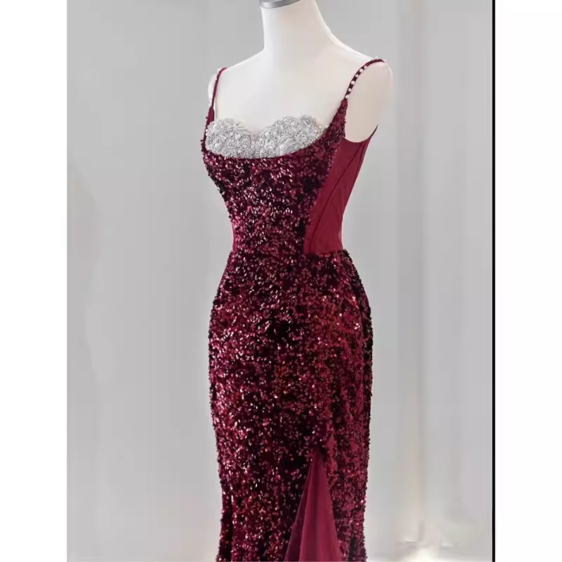 Sexy Mermaid Spaghetti Straps Sequin Burgundy Long Prom Dresses C850
