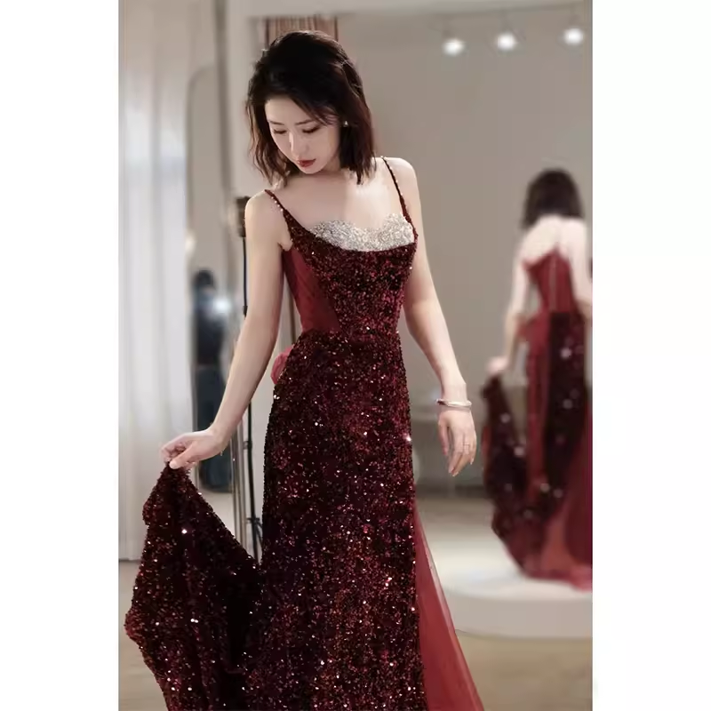 Sexy Mermaid Spaghetti Straps Sequin Burgundy Long Prom Dresses C850