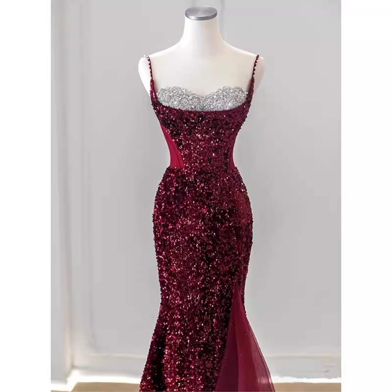 Sexy Mermaid Spaghetti Straps Sequin Burgundy Long Prom Dresses C850