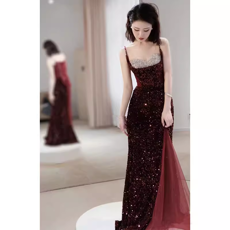 Sexy Mermaid Spaghetti Straps Sequin Burgundy Long Prom Dresses C850