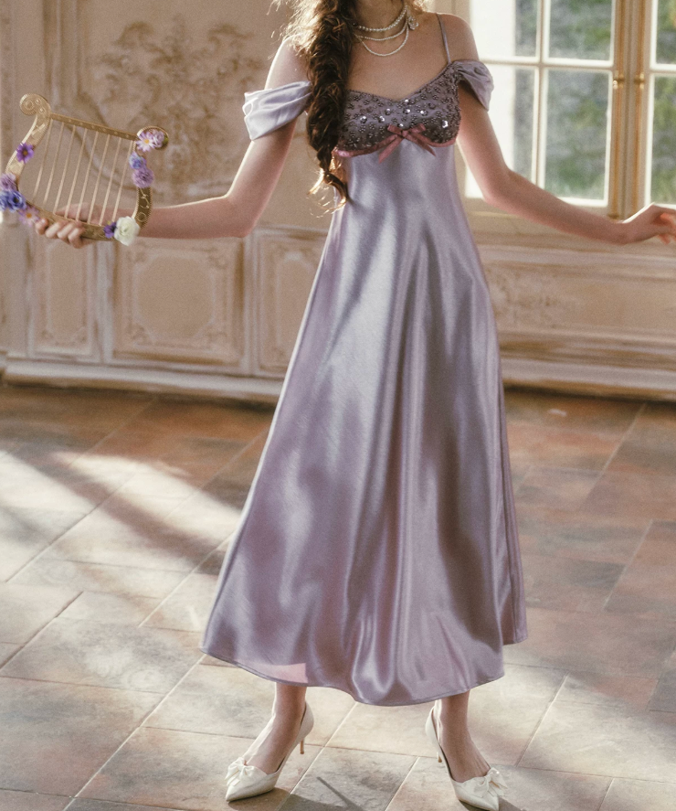 Superb Off-the-Shoulder Satin Purple Prom Dress Sequins Bow A-Line Evening Dress C8510