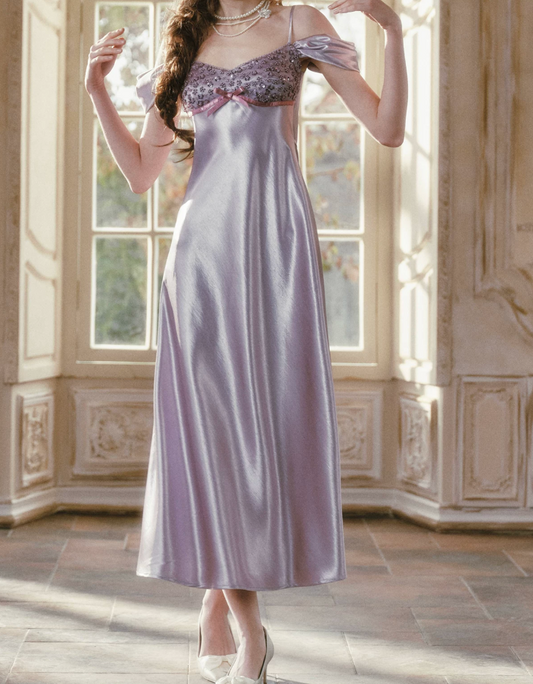Superb Off-the-Shoulder Satin Purple Prom Dress Sequins Bow A-Line Evening Dress C8510