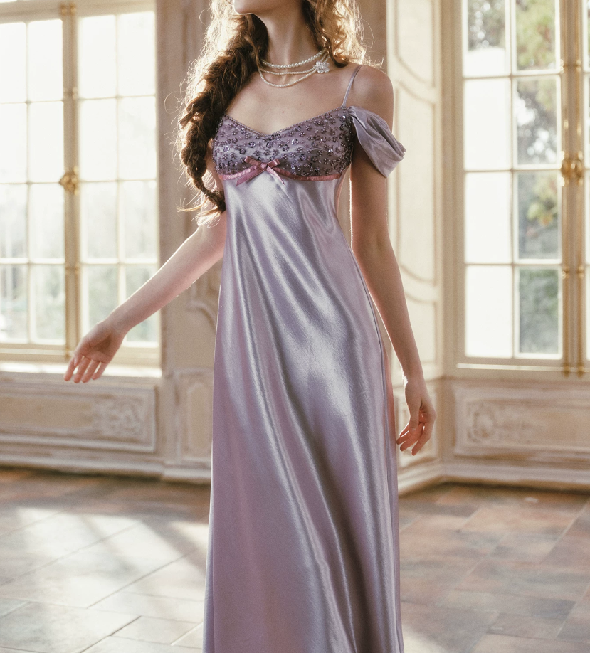 Superb Off-the-Shoulder Satin Purple Prom Dress Sequins Bow A-Line Evening Dress C8510