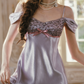 Superb Off-the-Shoulder Satin Purple Prom Dress Sequins Bow A-Line Evening Dress C8510