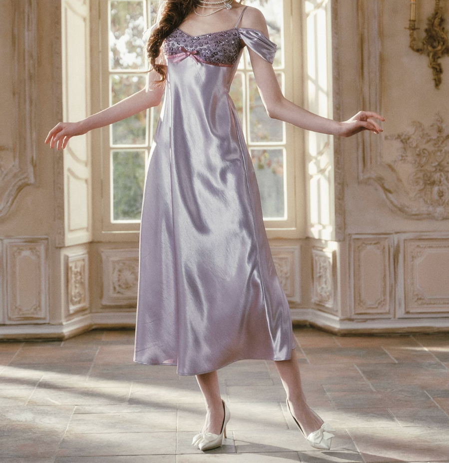 Superb Off-the-Shoulder Satin Purple Prom Dress Sequins Bow A-Line Evening Dress C8510