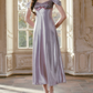 Superb Off-the-Shoulder Satin Purple Prom Dress Sequins Bow A-Line Evening Dress C8510