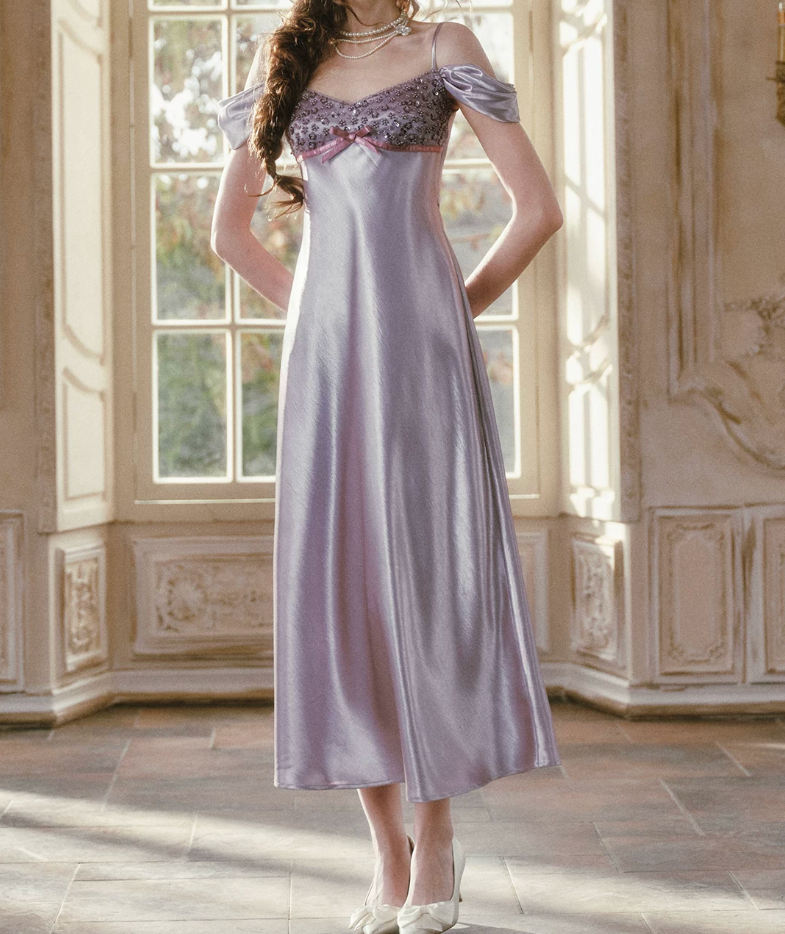 Superb Off-the-Shoulder Satin Purple Prom Dress Sequins Bow A-Line Evening Dress C8510