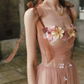 Ethereal Appliques Pink Prom Dress A-Line Spaghetti Straps Evening Dress C8512