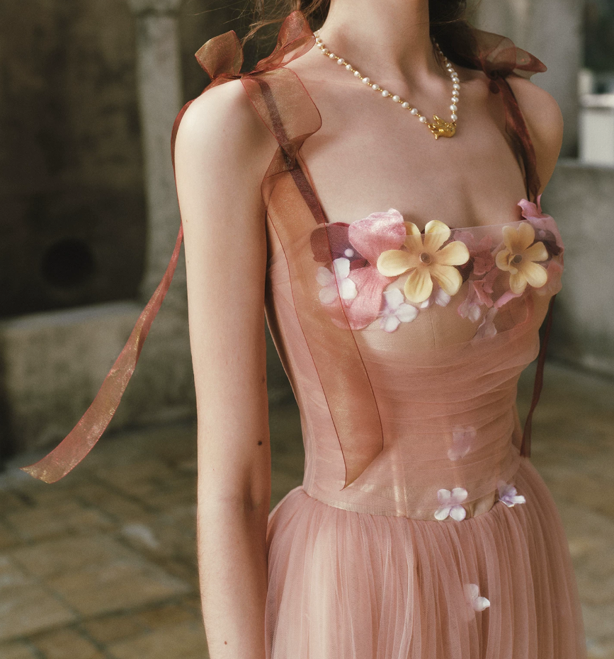 Ethereal Appliques Pink Prom Dress A-Line Spaghetti Straps Evening Dress C8512