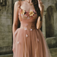 Ethereal Appliques Pink Prom Dress A-Line Spaghetti Straps Evening Dress C8512