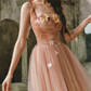 Ethereal Appliques Pink Prom Dress A-Line Spaghetti Straps Evening Dress C8512