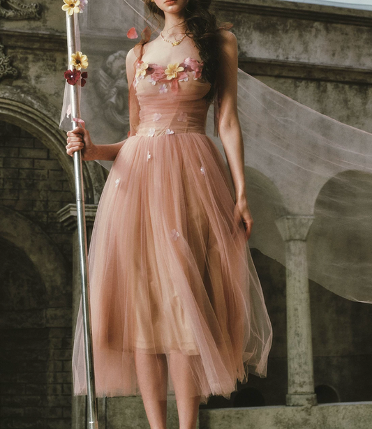 Ethereal Appliques Pink Prom Dress A-Line Spaghetti Straps Evening Dress C8512