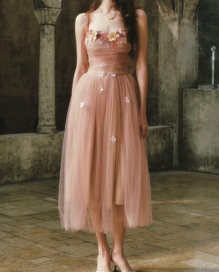 Ethereal Appliques Pink Prom Dress A-Line Spaghetti Straps Evening Dress C8512