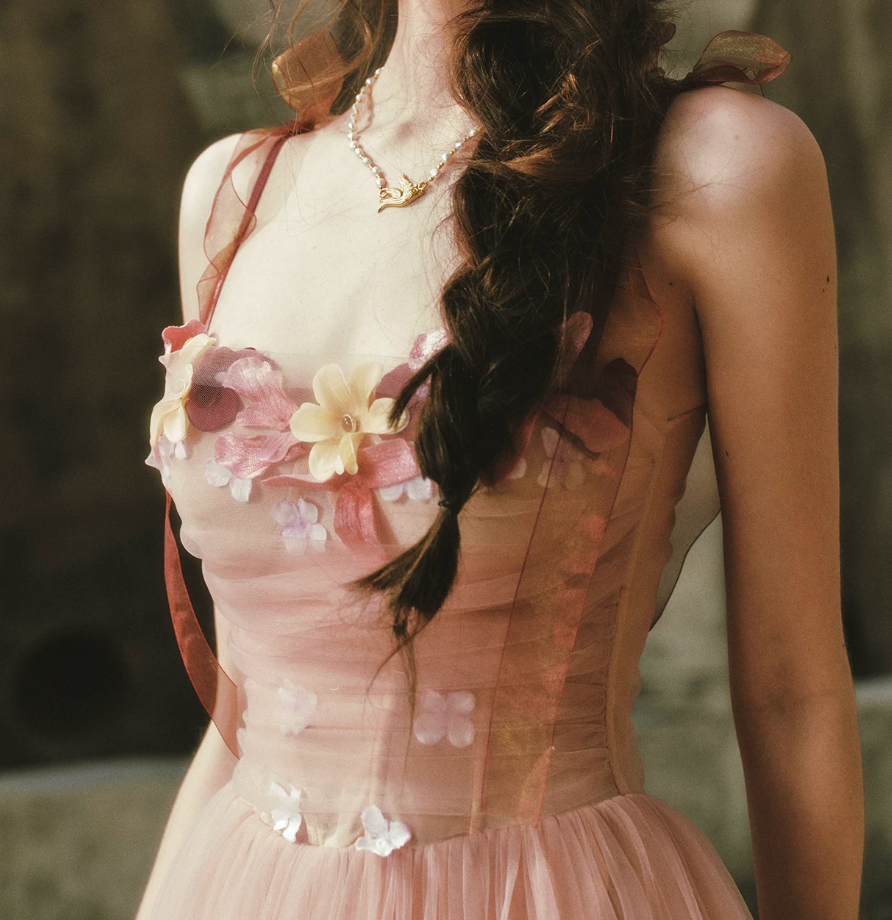 Ethereal Appliques Pink Prom Dress A-Line Spaghetti Straps Evening Dress C8512