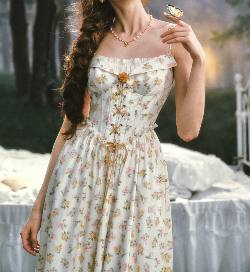 Chic Ruffles Floral Prom Dress A-Line Spaghetti Straps Evening Dress C8513
