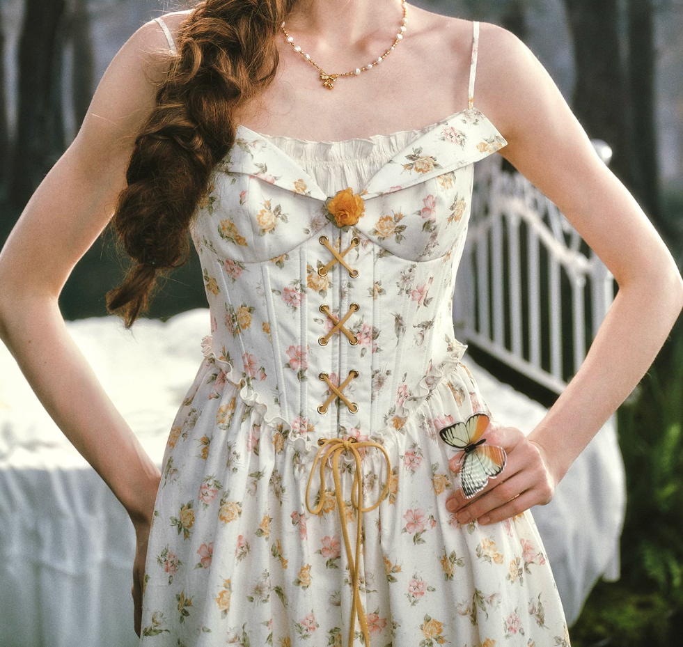 Chic Ruffles Floral Prom Dress A-Line Spaghetti Straps Evening Dress C8513
