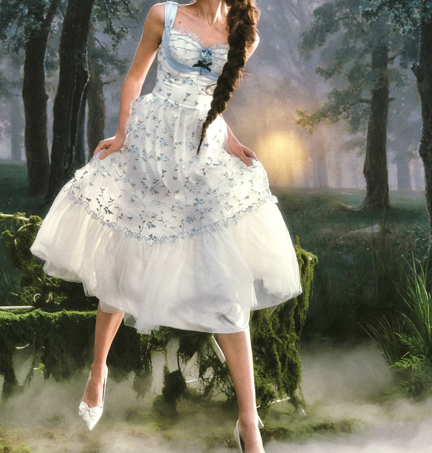 Dreamy A-Line Blue Prom Dress Floral Tulle Spaghetti Straps Evening Dress C8514