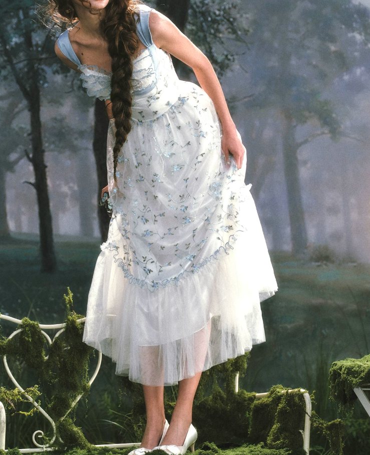 Dreamy A-Line Blue Prom Dress Floral Tulle Spaghetti Straps Evening Dress C8514